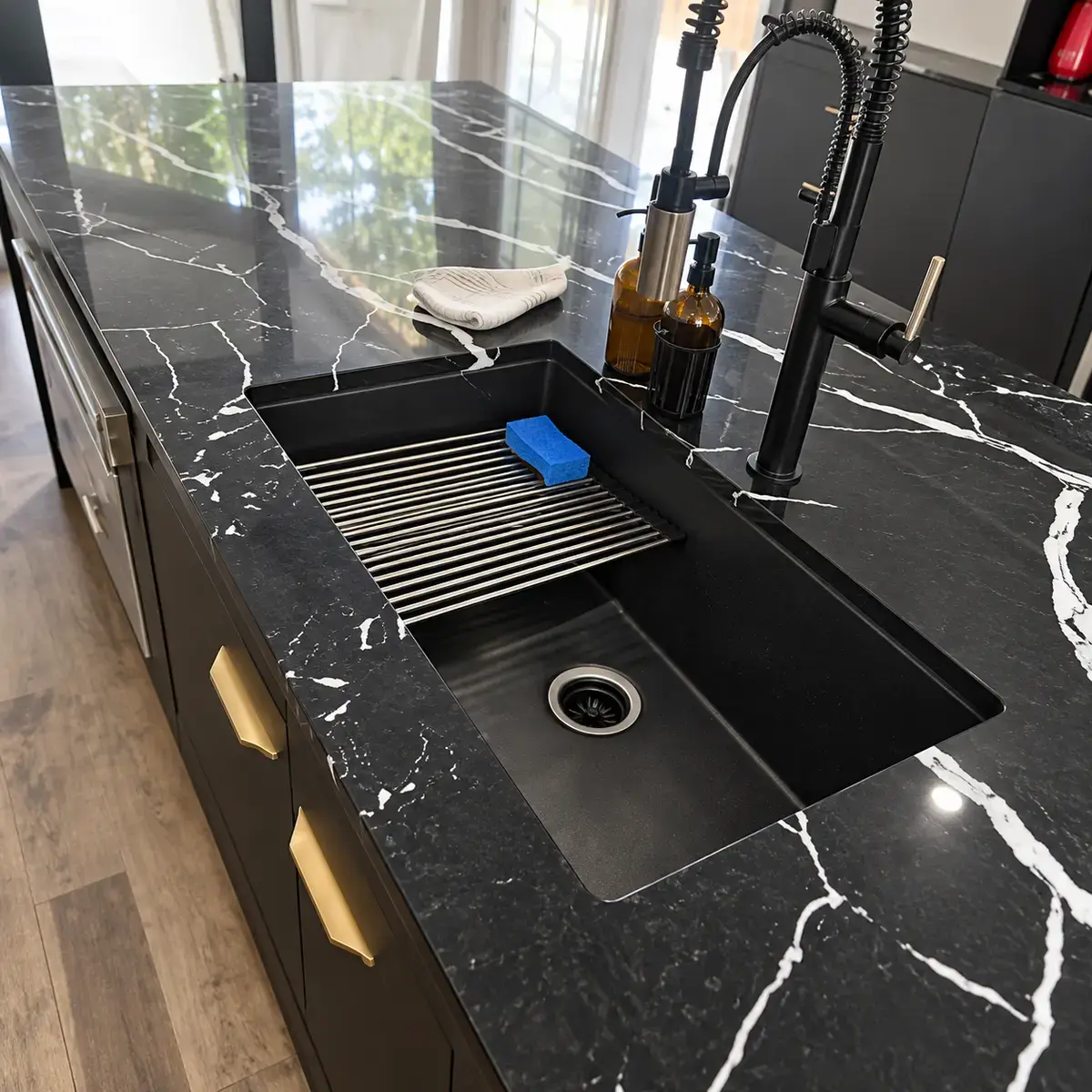 Polished black kitchen sink and countertop after turnover cleaning.