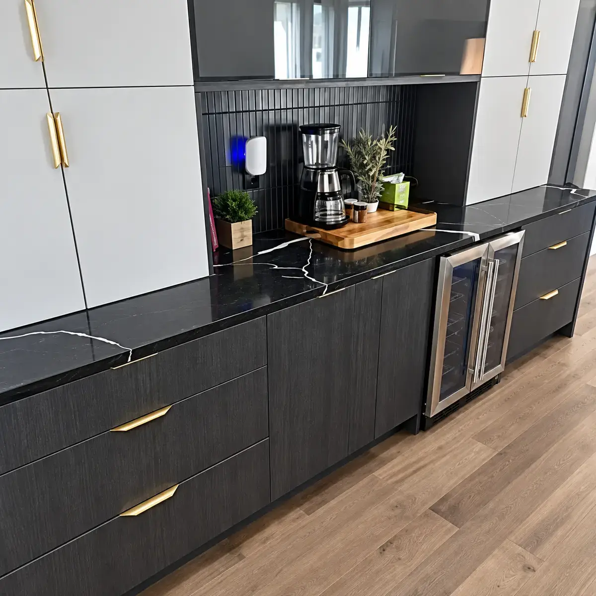 Finished kitchen cabinetry and beverage area after cleaning.