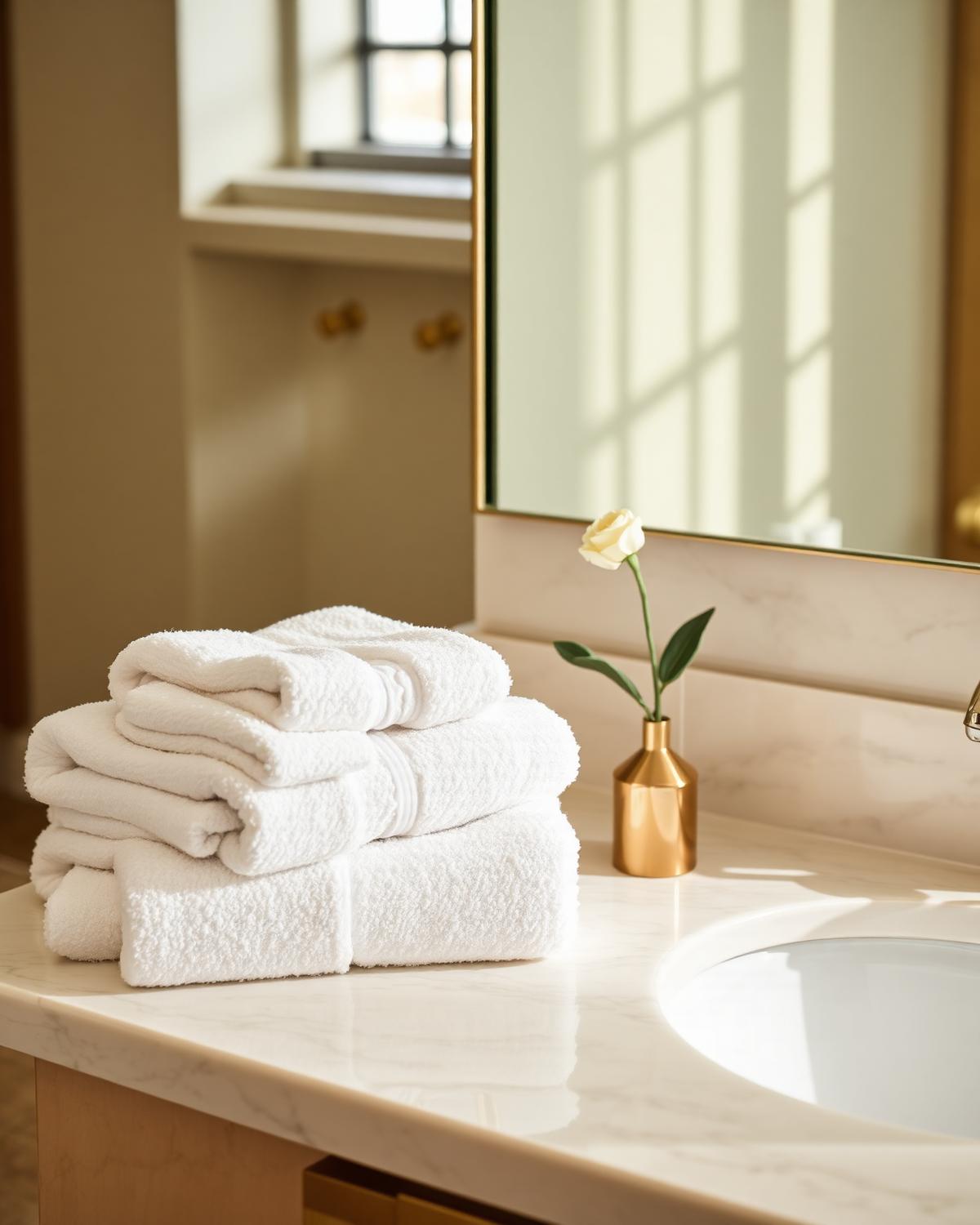Folded towels and single stem on marble countertop