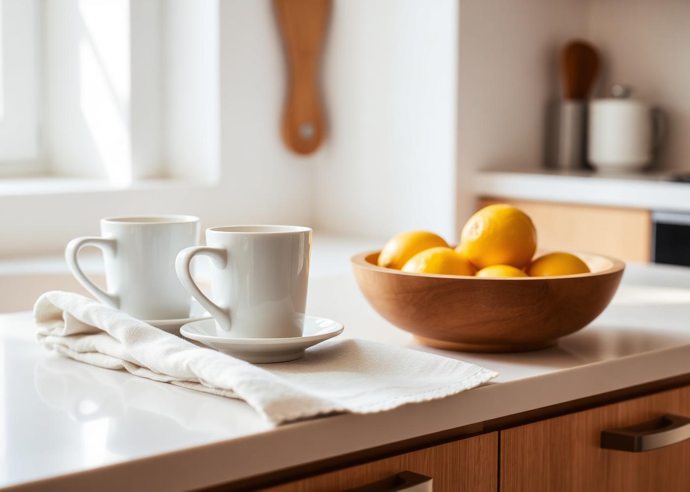 Staged kitchen counter with espresso cups and citrus